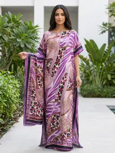 2-Piece Leopard Caftan Set for Women - Flowy caftan Maxi Dress with Scarf, Lightweight Silk-Touch Resort Wear, Four Colour Options