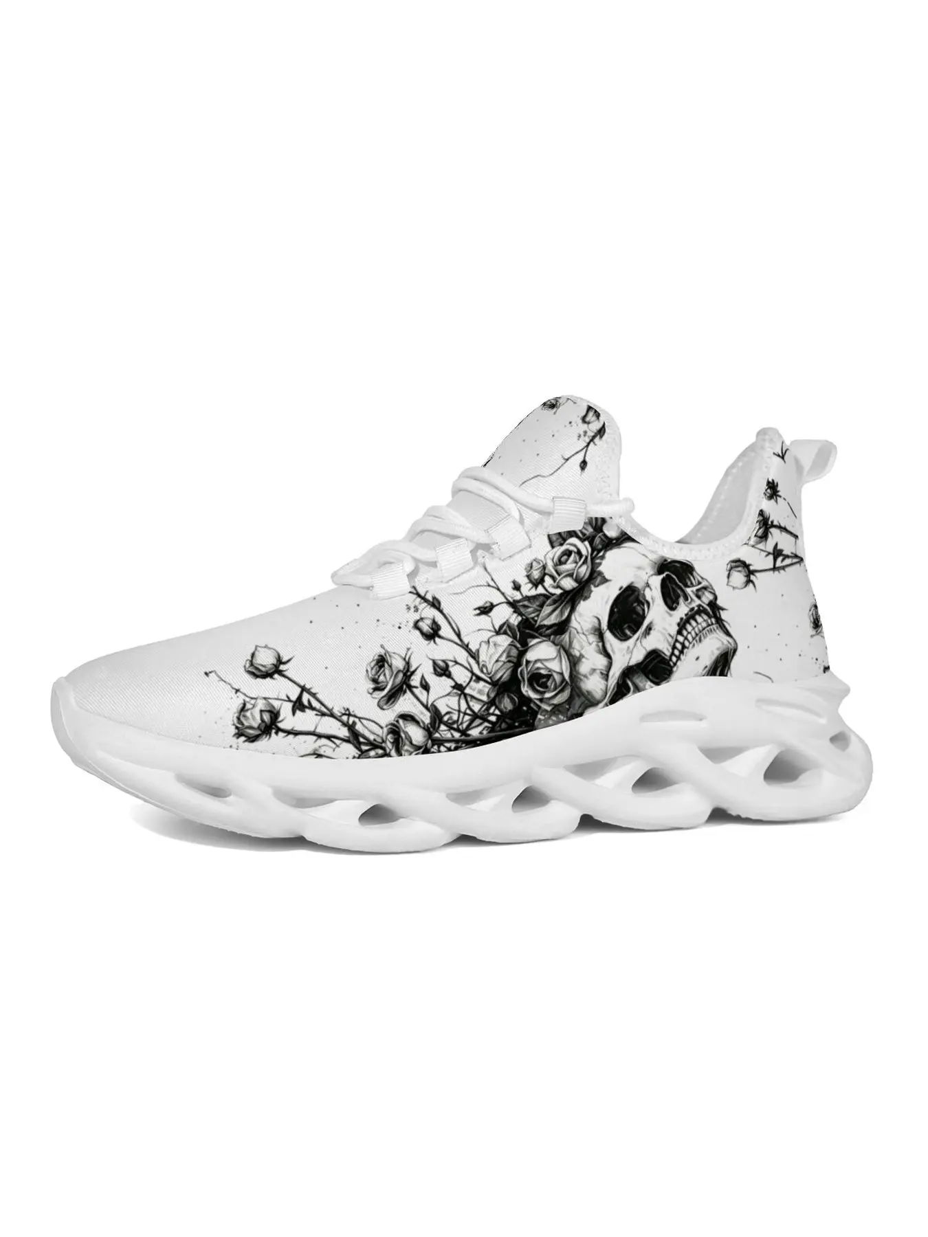 Men Women Sketch Skull Rose Print Mesh Running Shoes Lightweight Breathable Black White Floral Art Pattern Casual Sneakers Non Slip Hollow Cushion Sole Footwear for Halloween Daily Street Outdoor Sports Wear