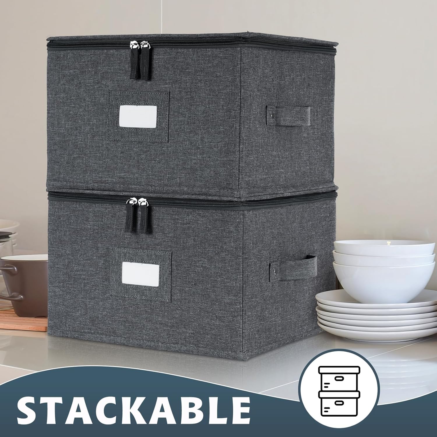 Storage Containers Hard Shell Inside 12" W x 8" H, Dinner Plate Storage Containers for Dishes, Dinnerware with 24 Felt Dividers, Hold 24 Plates, Stackable (2 Pack Grey)