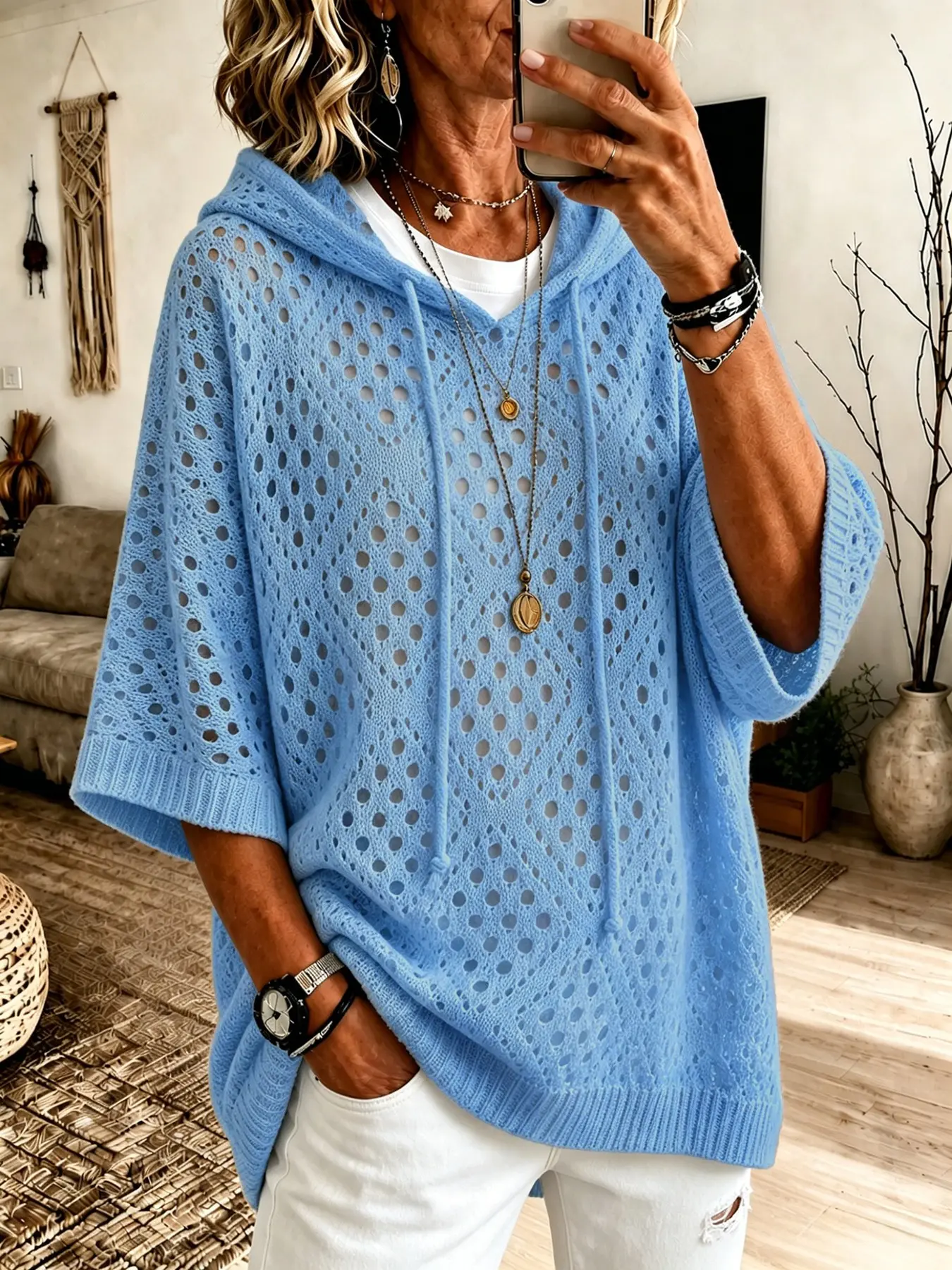 Plus Size Women's Fall Winter Casual Drawstring Sweater Pullover, Loose-Fitting 3/4 Sleeve Solid Color Hoodie, Comfortable and Stylish