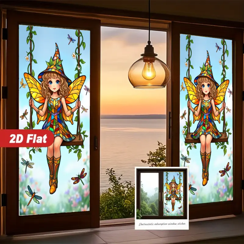 2D Flat Electrostatic Stickers: Fairy with Wings and Hat Sitting on Swing, Suitable for Living Room and Bedroom, Removable.