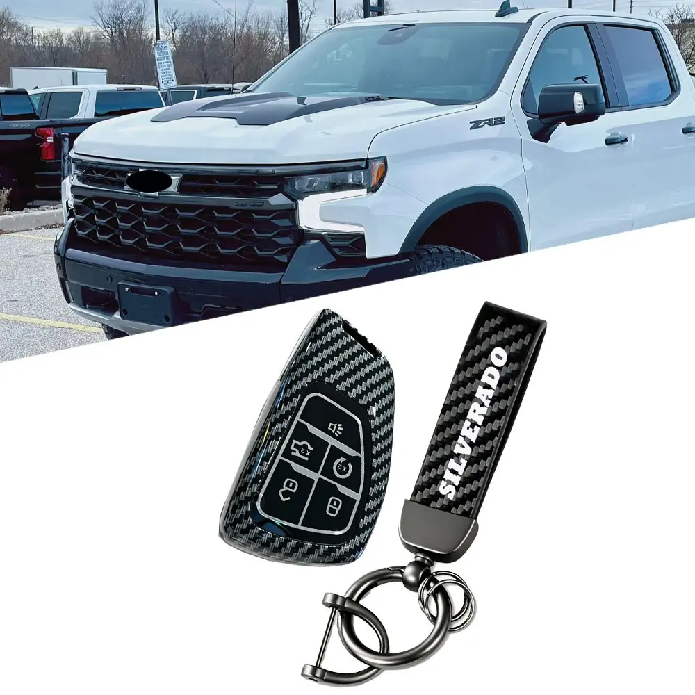 Carbon Fiber Texture Key Case with Keychain for Chevrolet Silverado, Anti-Slip Shockproof Car Key Cover, Stylish Protection, Car Key Accessories