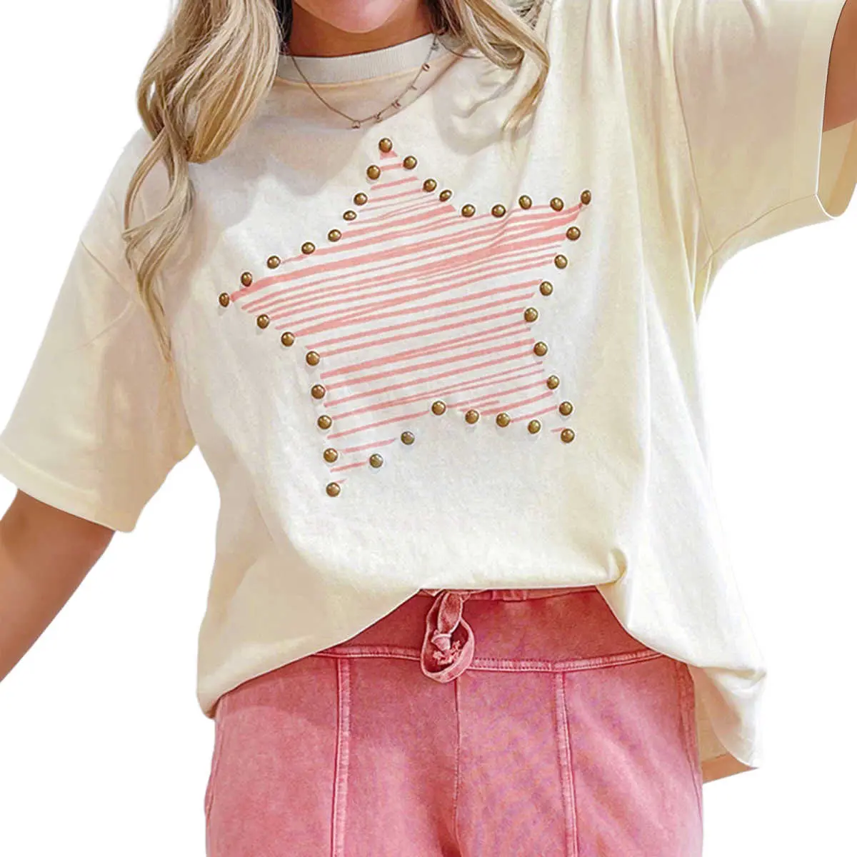 Beige Star Print Stud Detail Cotton Jersey Top