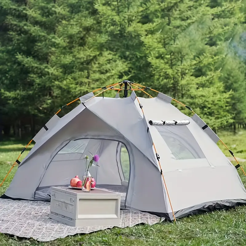 3 Seconds Quick Open Automatic Pop-up Tent |     With Fiberglass Poles, Oxford Cloth, All-season Zip Closure, Suitable for Hiking, Travel, and Beach - Grey, Double Door, 2 People Capacity