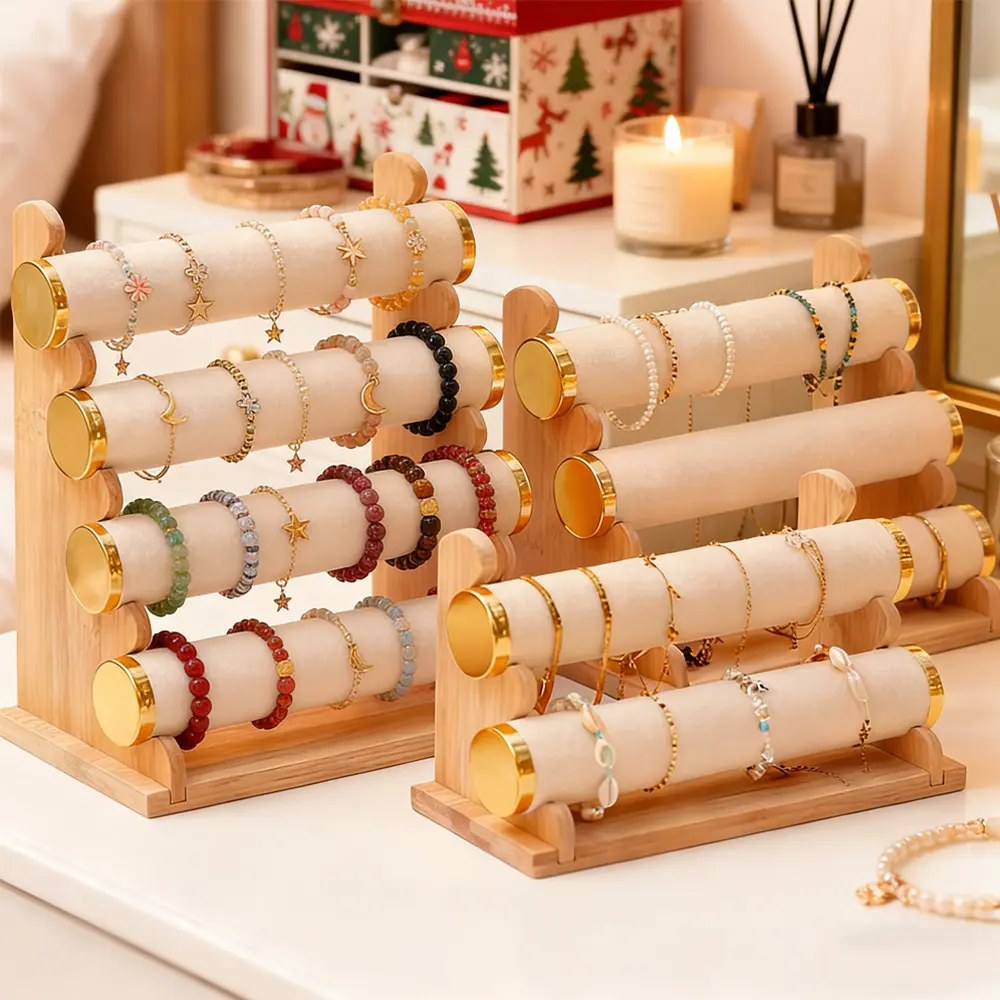 PABHAN Gold Velvet-Wrap Detachable Multi-Layer Jewelry Organiser with Bamboo Base - Bedroom Dresser Bracelet, Watch, Chain & Hair Accessory Holder, Jewelry Display with Glamorous & Multifunction Racks
