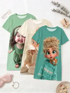 3-Piece Set Cute Girl Doll Large Print Short Sleeve Round Neck Nightdress, Loose-Fitting Sleepwear for Spring Summer Fall
