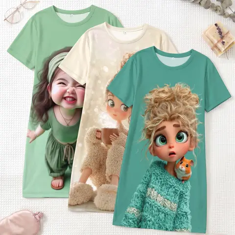 3-Pack Women's Nightdresses, Round Neck Short Sleeve, All Seasons, Casual Home Wear, Comfortable Breathable, Cute Cartoon Print