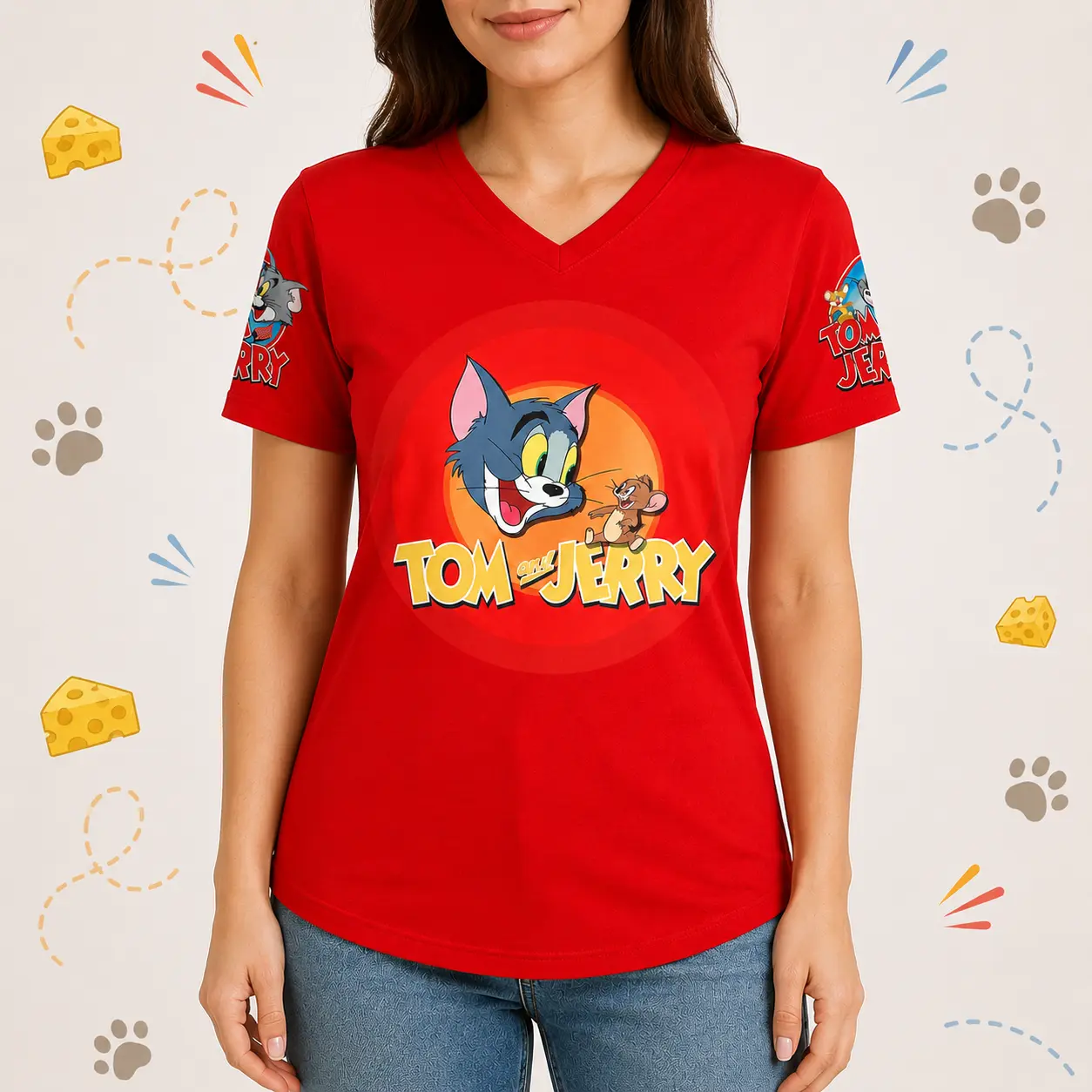 Tom and Jerry V Neck Shirt, Licensed Front and Back Graphic Tee, Short Sleeve Casual Summer Top, Cartoon Streetwear Fan Gift,telenovela themed apparel,team spirit shirt,ole brand select,fan accessory,character print accessory,oversized tshirt,shirts women