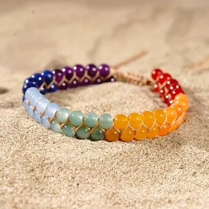 Seven Chakra Yoga Stone Anklet for Women, Double-Layer Braided Handmade Vintage Bohemian Jewelry with Purple Lapis Lazuli, Green Aventurine, and Orange Beads