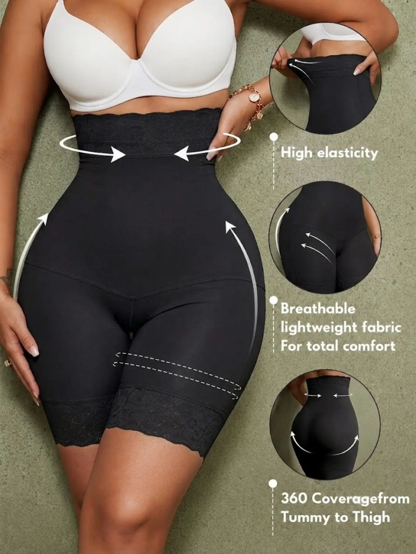 1 Count High Waist Women's Lace Anti-Slip Shorts, Fajas, Comfortable Breathable With Zipper Crotch Shapewear, Butt Lifting And Tummy Control Bottoms, Elasticity Shapewear Shorts,Compression Panties, Womenswear, Classic Daily Wear