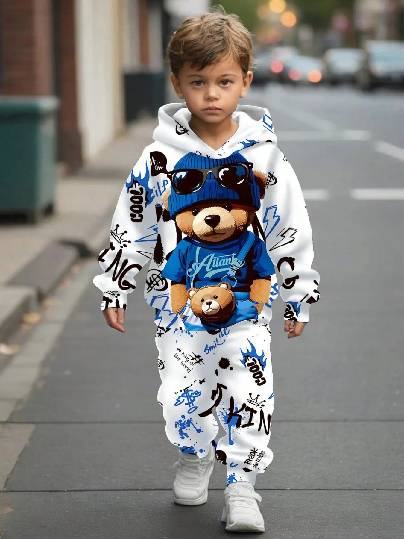 Boys' Graffiti Print Hooded Sports Set, 4 Styles Cartoon Dinosaur Bear Kids Two-Piece Matching Set, Casual Fitted Fall & Winter Suit