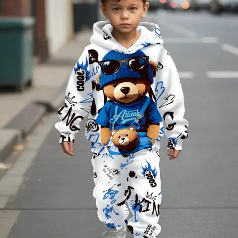 Boys' Graffiti Print Hooded Sports Set, 4 Styles Cartoon Dinosaur Bear Kids Two-Piece Matching Set, Casual Fitted Fall & Winter Suit