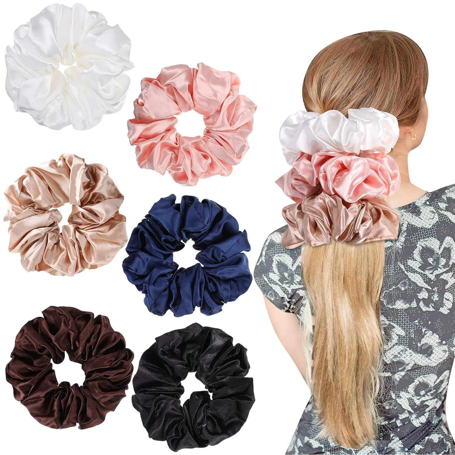 Jumbo Satin Scrunchies for Women, 6-Piece Multi-Color Pack of Thick Elastic Hair Ties, Female Valentine's Day Gifts, Galentine, Silk