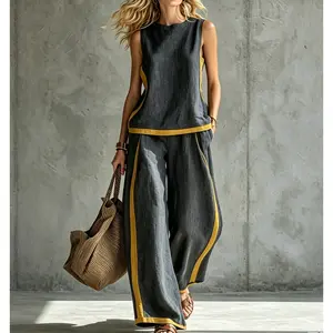 2026  Blend Two Piece Set for Women Sleeveless Color Block Top Wide Leg Pants Set Casual Summer Outfit #   Set #   WideLegPants #   ColorBlock #   SummerOutfit #   BohoFashion #   CasualWear #   Outfit of the Day #   WomensFashion  XS TO 9XL