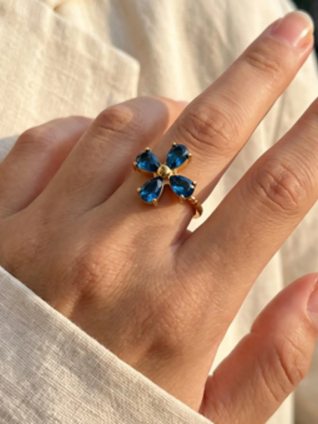 18k Gold Plated 304 Stainless Steel Teardrop Artificial Diamond Five-Leaf Clover Adjustable Ring, Waterproof Fashion Jewelry for Women