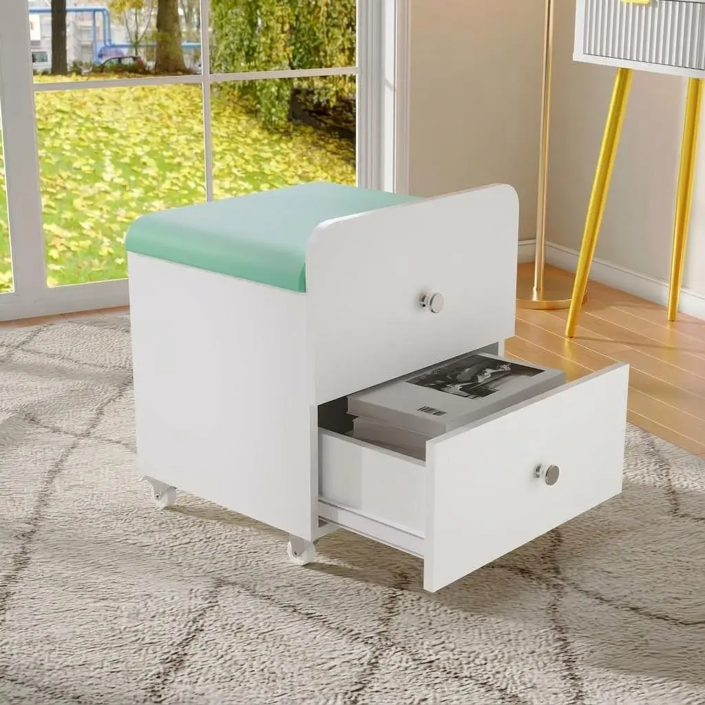 Rolling Modern Vanity Stool with Storage Drawer, Upholstered Multi-Purpose Space-Saving Ottoman Bench for Bedroom Living Room