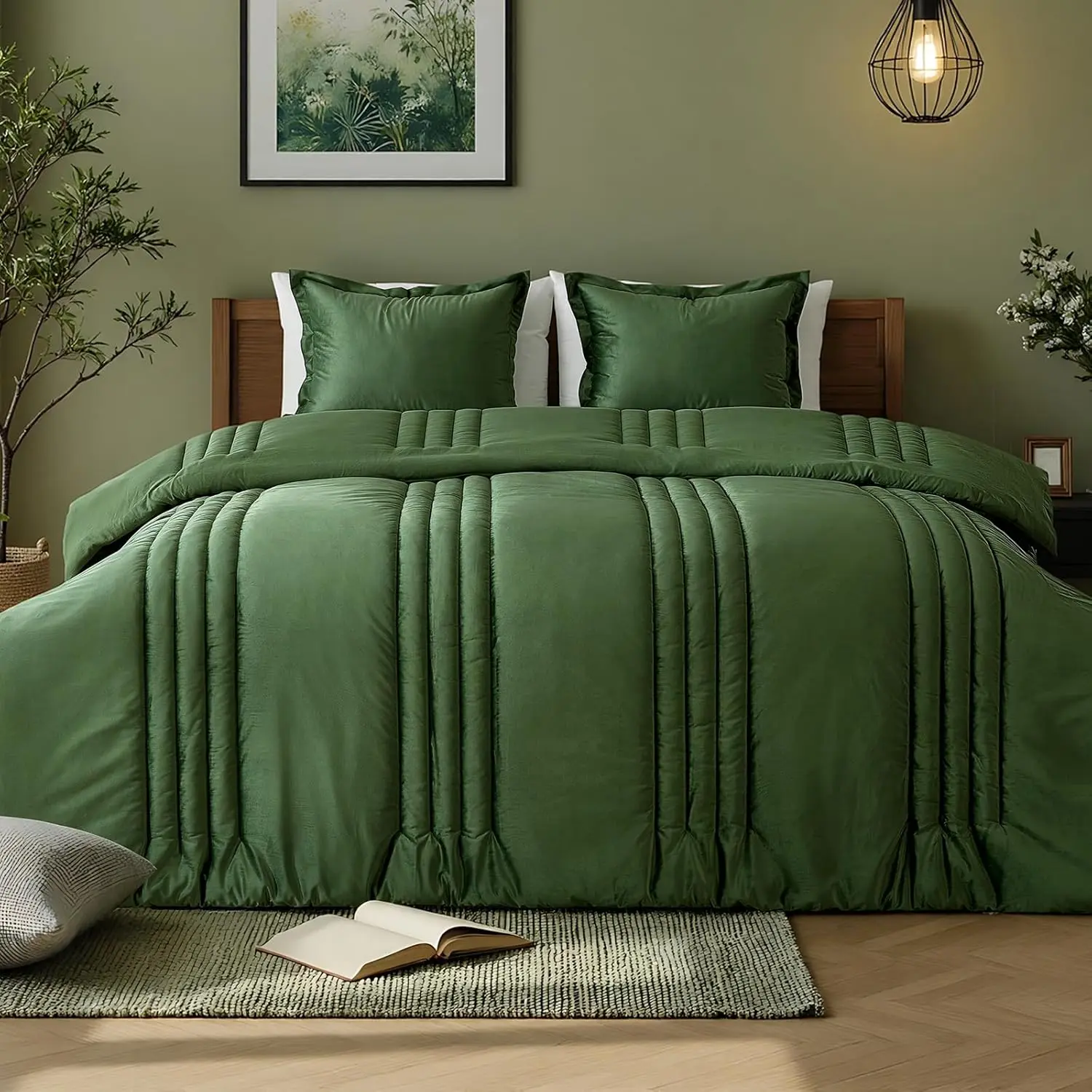 Olive Green  Comforter Set 3 count,Luxury Lightweight    Cozy  Bedding Comforter Sets,Neutral Striped Bedroom Comforter with 2 Shams