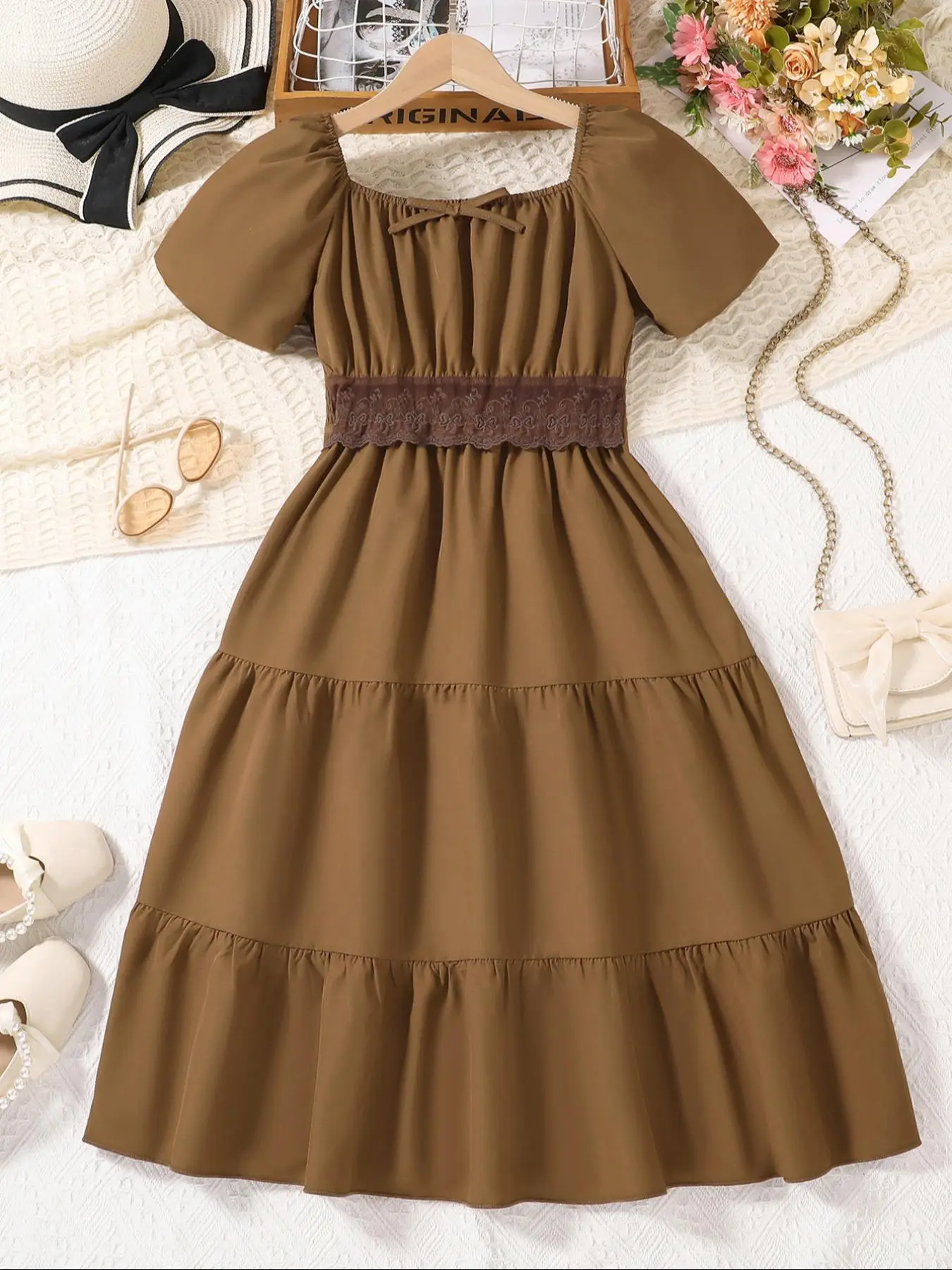 Girl's Solid Color Ruffle Hem A Line Dress, Casual Short Sleeve Dress for Summer, Kids Clothes for Daily Wear