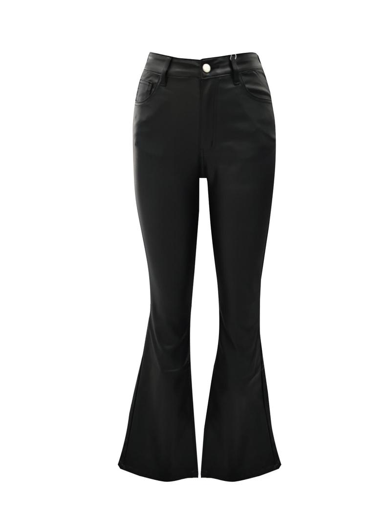 NVFelix Women's High-Waisted Faux Leather Flare Pants with Pockets, Stretchy PU Bell Bottoms for Night Out