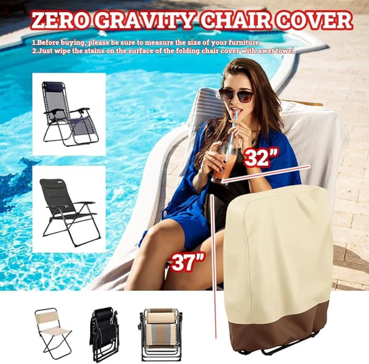 2 Pack Zero Gravity Folding Chair Cover 420D Outdoor Folding Recliner Chair Covers Waterproof Patio Lawn Furniture Protector 32" x 37" Beige