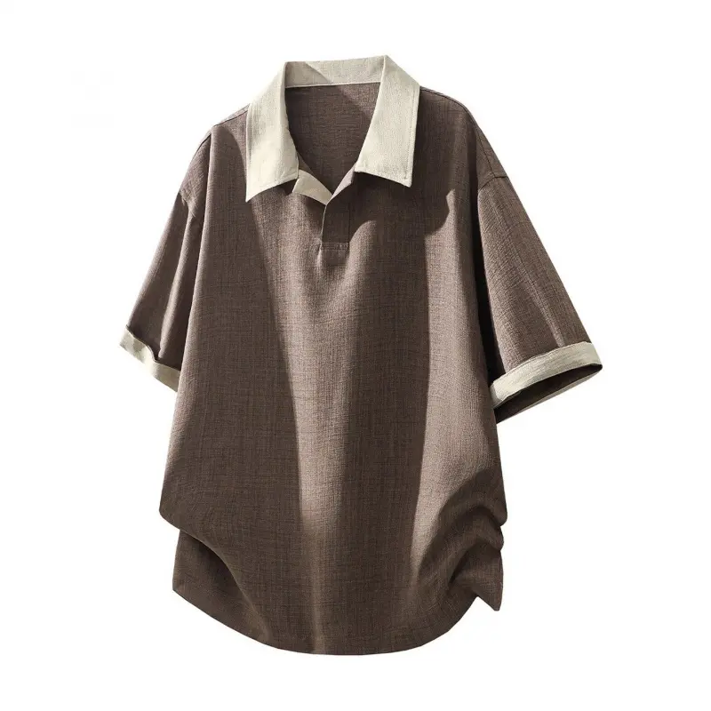 Men's Textured Polo Shirt, Short Sleeve Loose-Fitting Top with a Contrast Spliced Lapel, a Breathable Half-Button Business Casual Top, Business Casual Tops