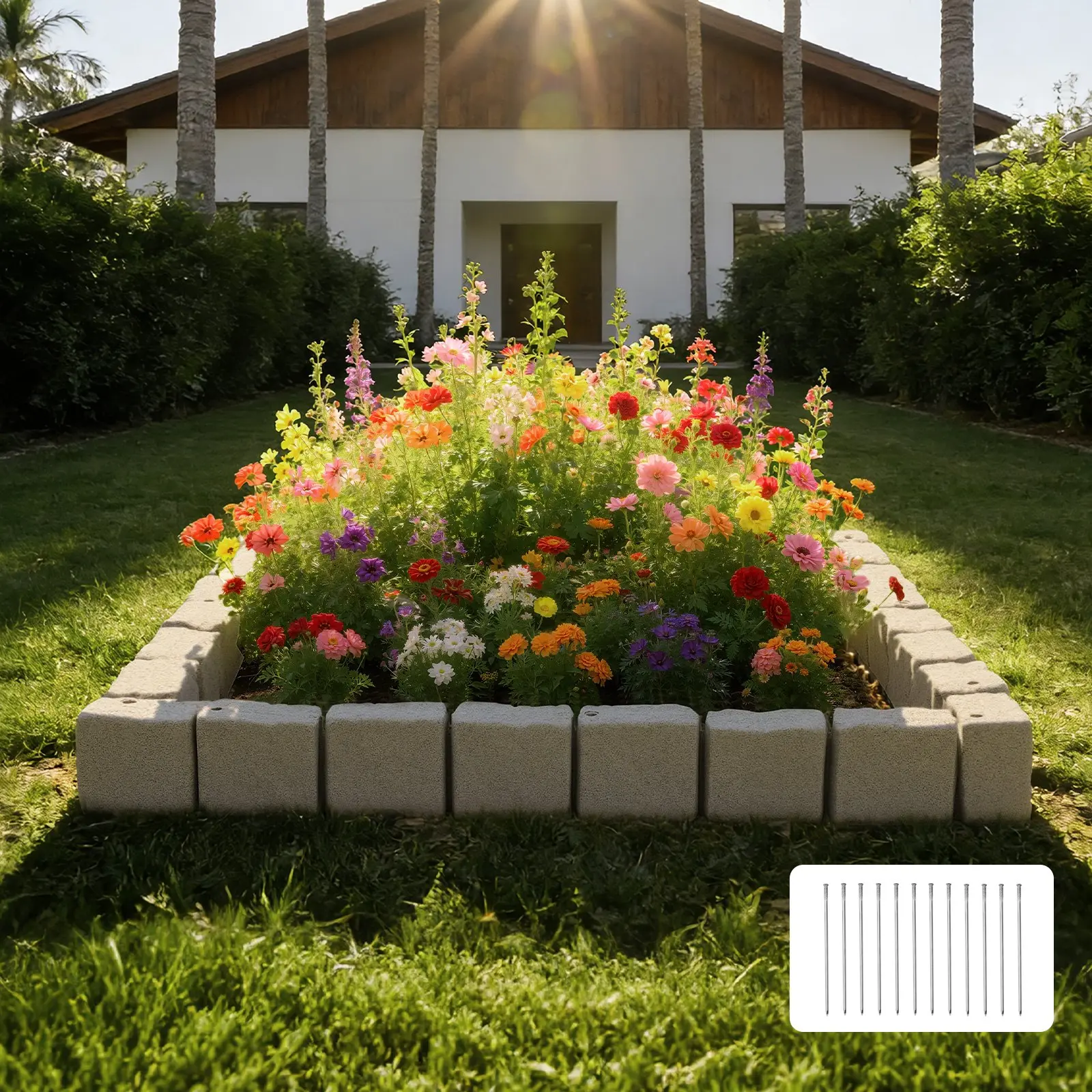 【Summerfinds】VEVOR Faux Stone Landscape Edging, 15.5 ft Kit, No Dig Garden Edging Border, Blocks for Lawn, Flower Beds, Yard, 4 Pack Each Section Has 6 Bricks 46.85"Lx 3.94"Wx 6.1"H, 12 Spikes 4 Corners, Beige