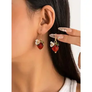 Cute Strawberry Design Dangle Earrings for Women & Girls, Fashion Floral Drop Earrings, Cute Summer Jewelry Accessories, Fruit Veggie Earrings, Dangling Earrings