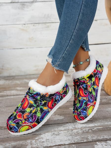 Women's Fall Winter Boho Style Slip-On Loafers, Round Toe Lace-Up Casual Shoes, Warm Textile Upper Eva Sole, Low Top Ankle Boots, Casual Fashion Shoes