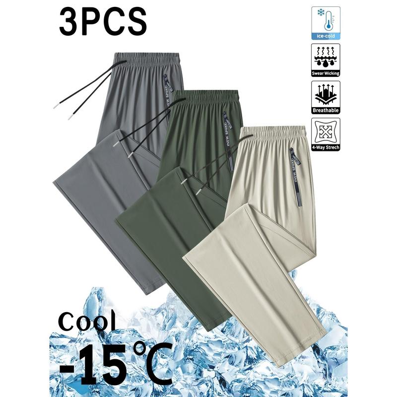 3PC Men's Ice Silk Pants - Quick Drying, Summer Casual Stretch Pants, Breathable Sweat Wicking, Drawstring Straight Leg Pants, Suitable for Daily and Outdoor Wear