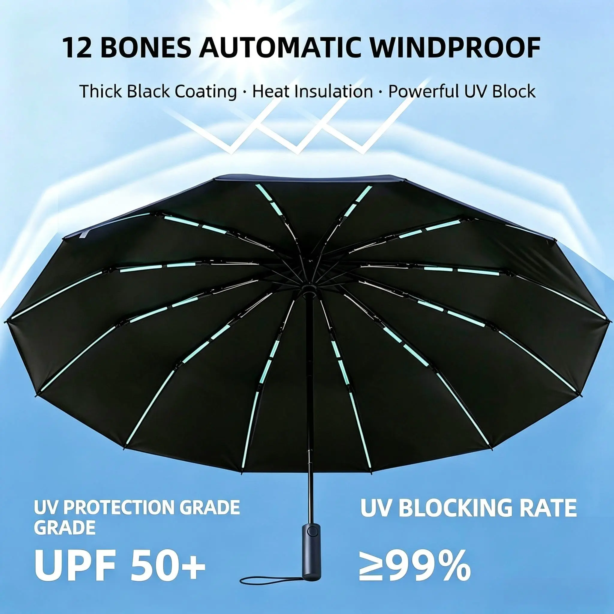 Reinforced 12-Rib Fully Automatic Folding Business Umbrella, Strong Wind Resistant, Waterproof, Portable, Dual-Use Sun Protection & Rain Umbrella, 1 PC