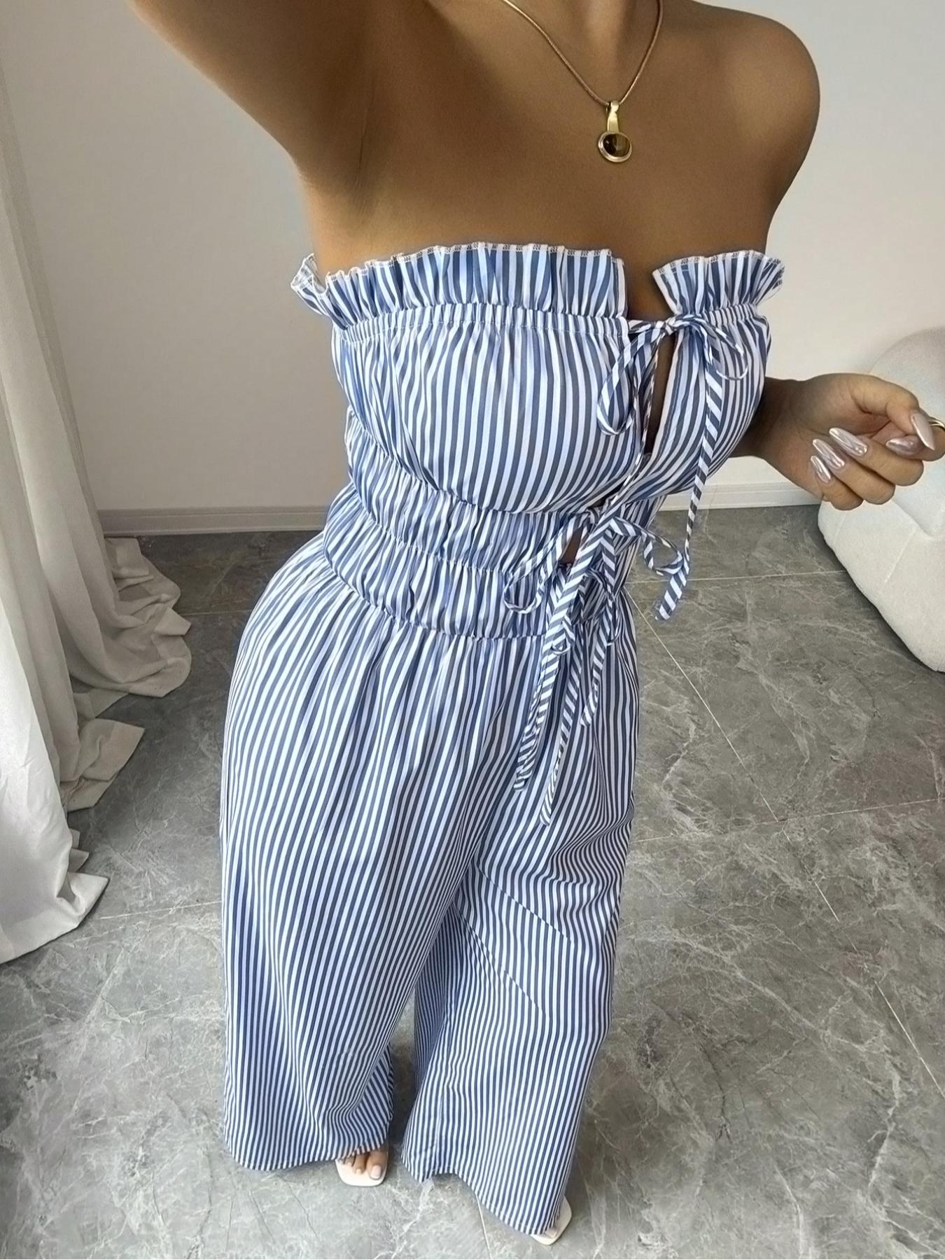 Women's Summer Casual Striped Bandeau Wide Leg Jumpsuit