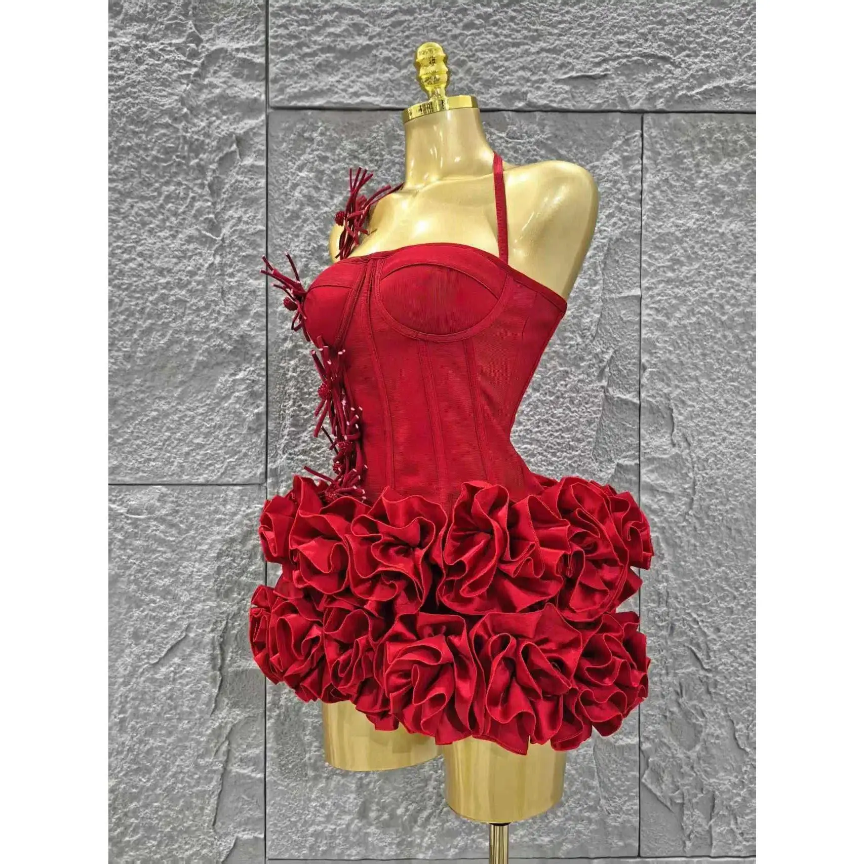 Women's Chic Red Halter Neck 2-Piece Floral Bandage Bodycon Mini Dress - Acrylic Nightclub Party Celebration Outfit, Bachelorette Party, Formal Wear, Nightclub Dresses, Sleeveless, Nightclub Wear
