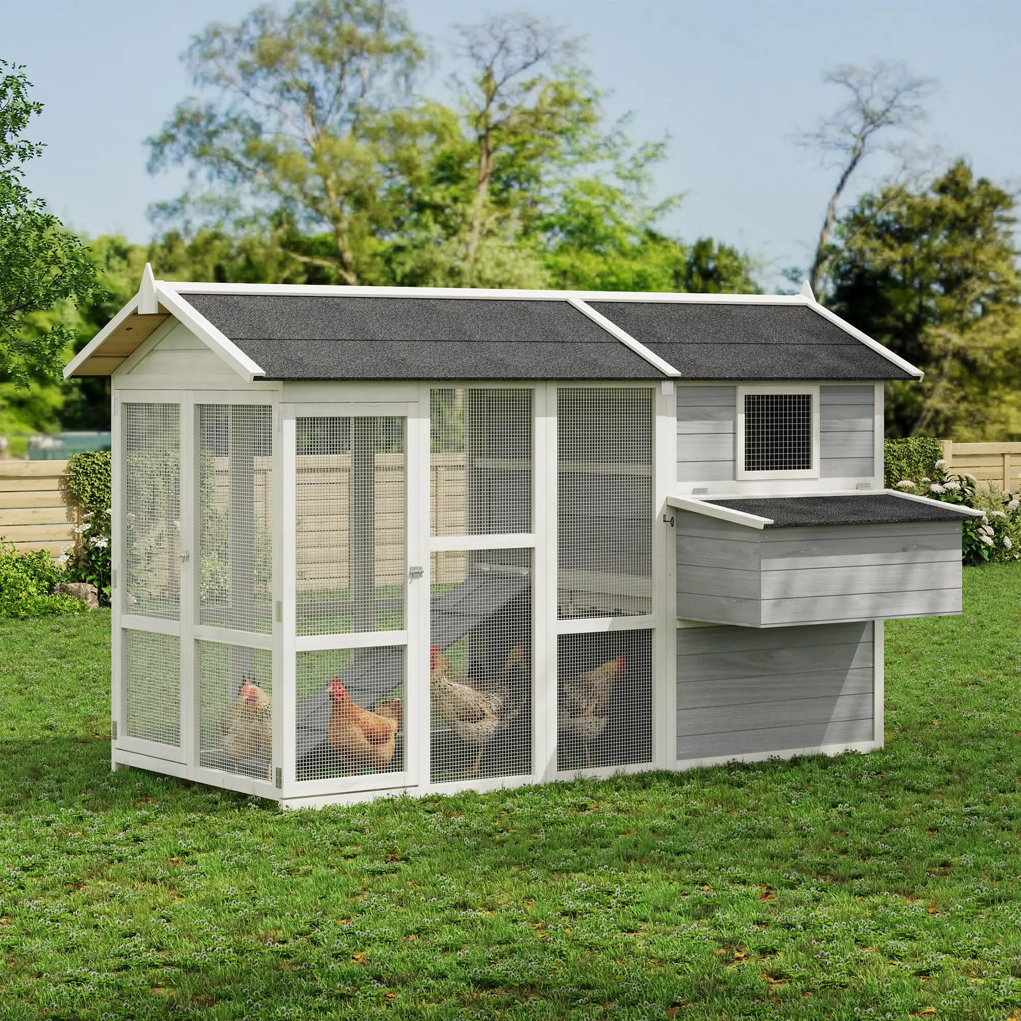 80.3" Large Wooden Chicken Coop Hen House, Outdoor Hen House Poultry Cage with 2 Access Doors, Nesting Box, and Removable Tray for Backyard, Wood Color