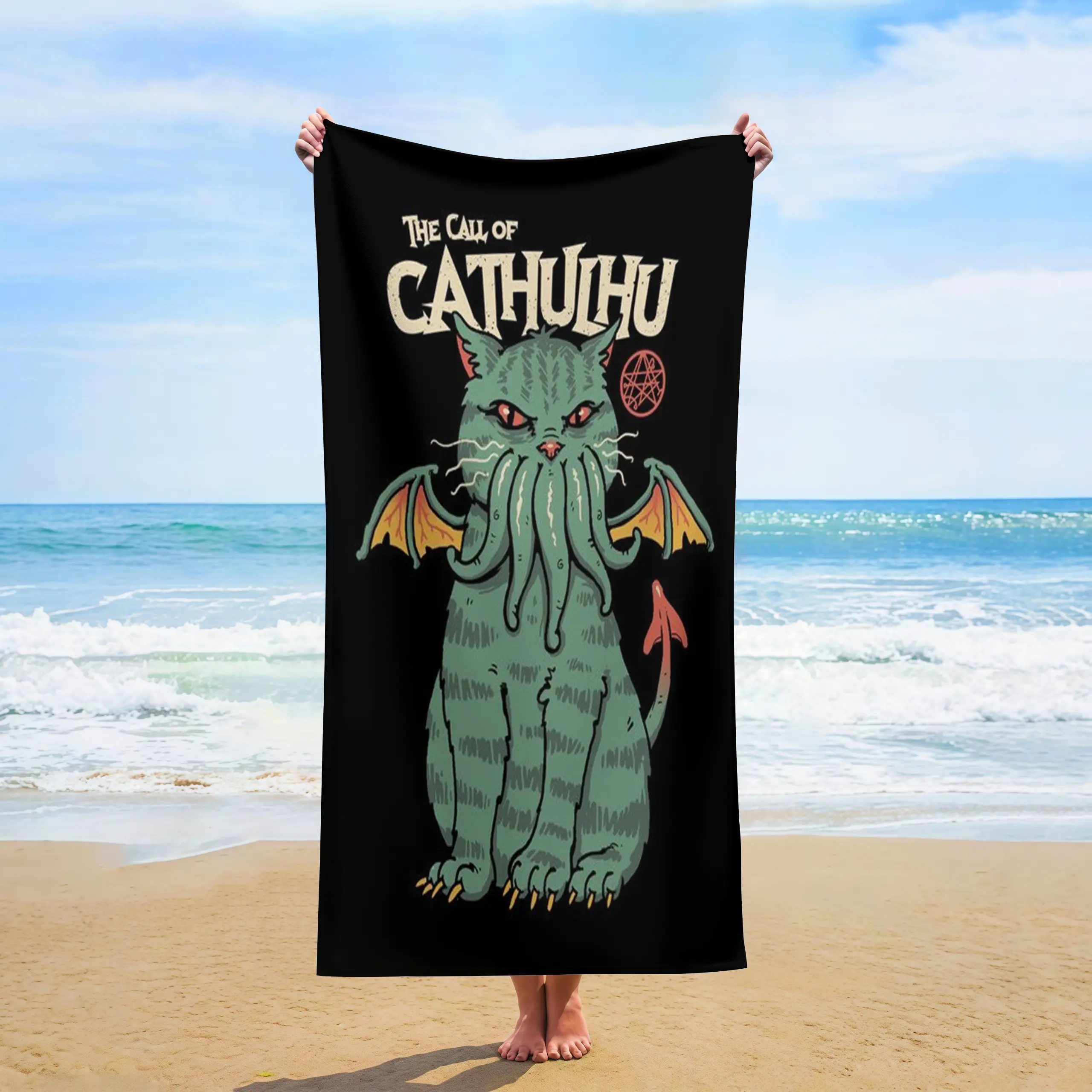 "The Call of Cathulhu" Beach Towel, Funny Cthulhu Cat Pun Microfiber Pool Towel, Sand Free Quick Dry Lovecraftian Gothic Bath Towel, Geek Sci-Fi Horror Cat Gifts
