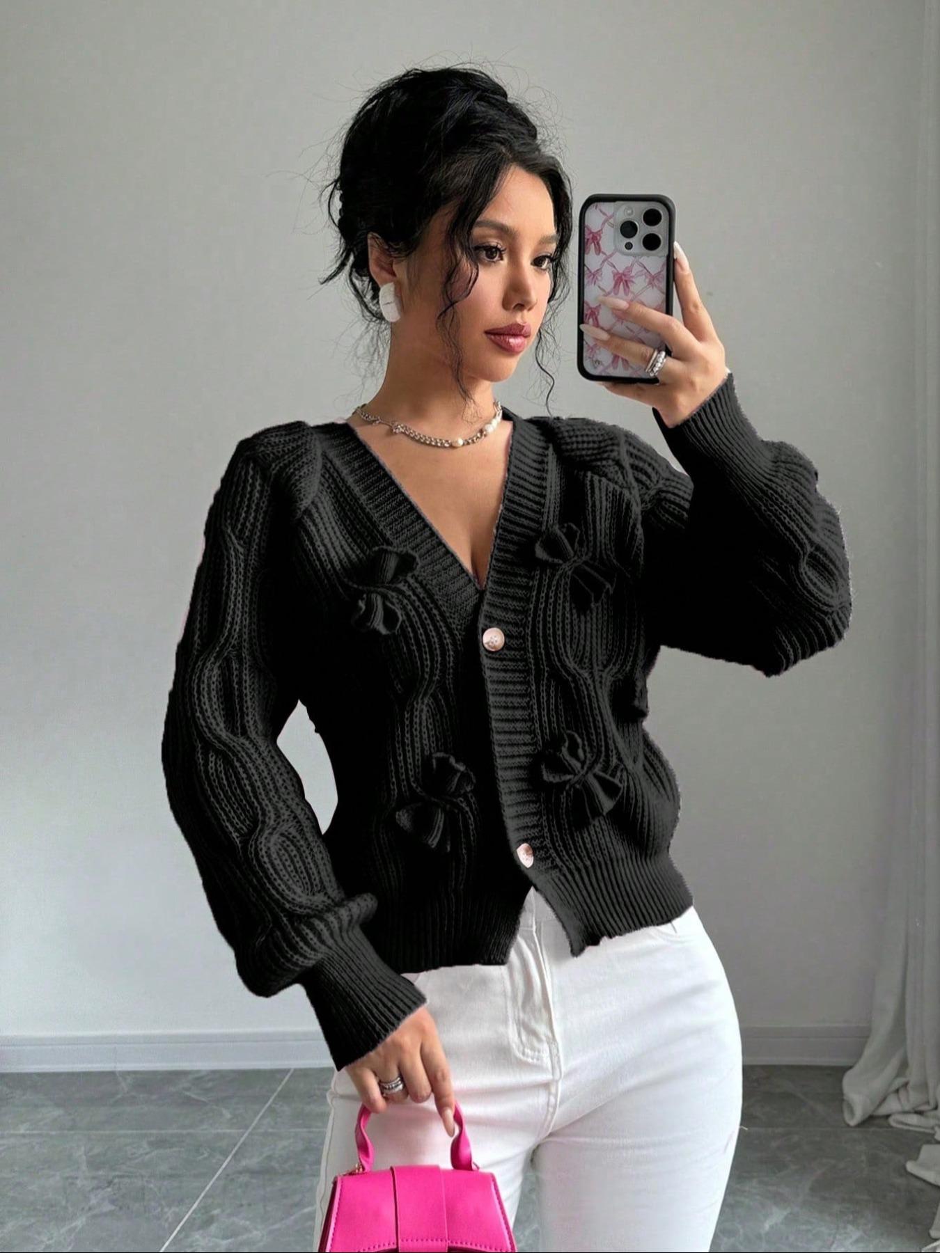 Women's Plain Bow Front Raglan Sleeve Sweater Cardigan, Casual Longsleeves Button Front Knitwear for Fall & Winter, Fashion Women's Knit Clothing for Daily Wear Valentine's Day, gift, Knitting
