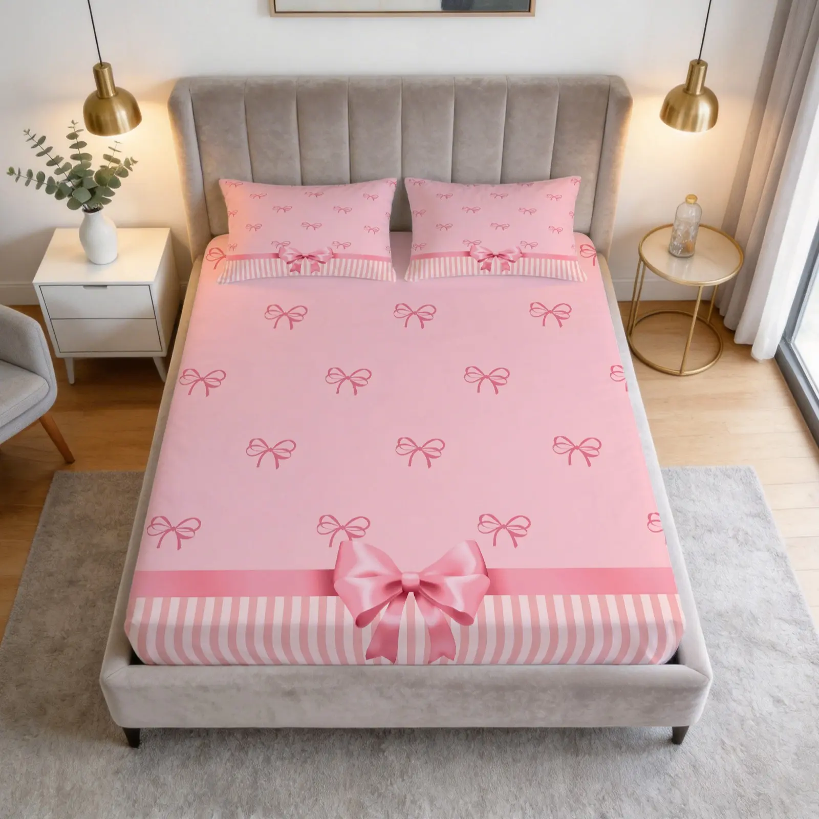 Pink Bow Print Pattern Bed Sheet Set, 1 Bed Sheet With 2 Pillowcases (Excluding Pillow Core), Sweet And Girlish Style Bed Piece, Suitable For Bedroom Decoration, Bed Linens, Bedsheet