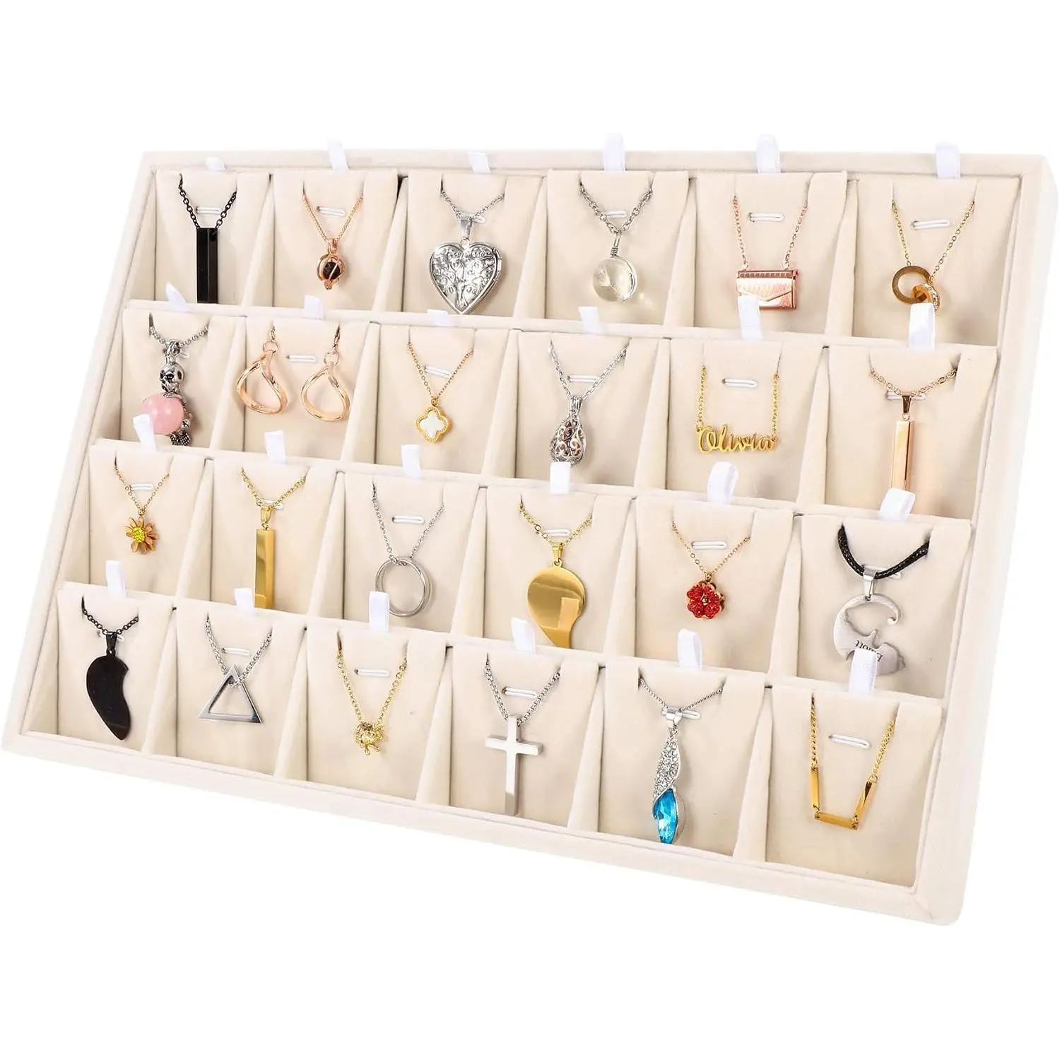 24 Grids Stackable  Tray Organizer with Removable Dividers,   Display Tray for Earrings Necklaces Bracelet Rings Display  - Light Khaki