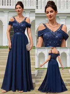 MIUSOl 25768A Off Shoulder Sequin Floral Lace Contrast Chiffon Pleated Hem Formal Party Maxi Dress, Elegant Party Dress For Wedding Guest, Graduation, Prom, Dinner