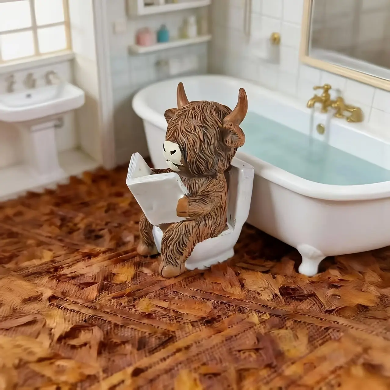 Highland Cow Bathroom Decor Figurine, Realistic Hair Texture, Tub or Toilet Option, Mini Bathtub with Bubble Decoration, Garden Décor