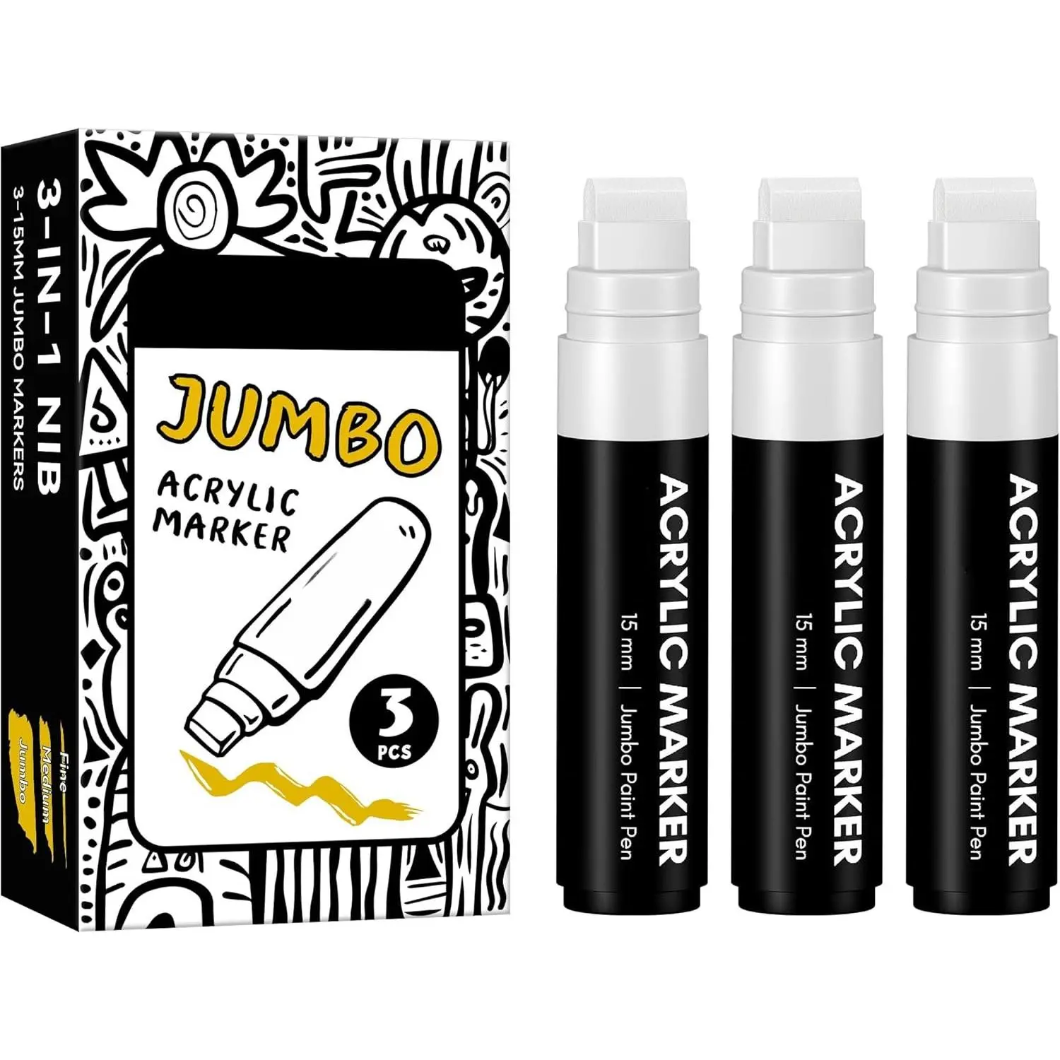 3 White Permanent Markers with 15mm Thick Wide 3-in-1 Nib, Arts and Crafts Tools for Artists’ Painting Projects, DIY Designs on Rock, Canvas (Automotive & Motorcycle Tires & Accessories Compatible), Long-Lasting