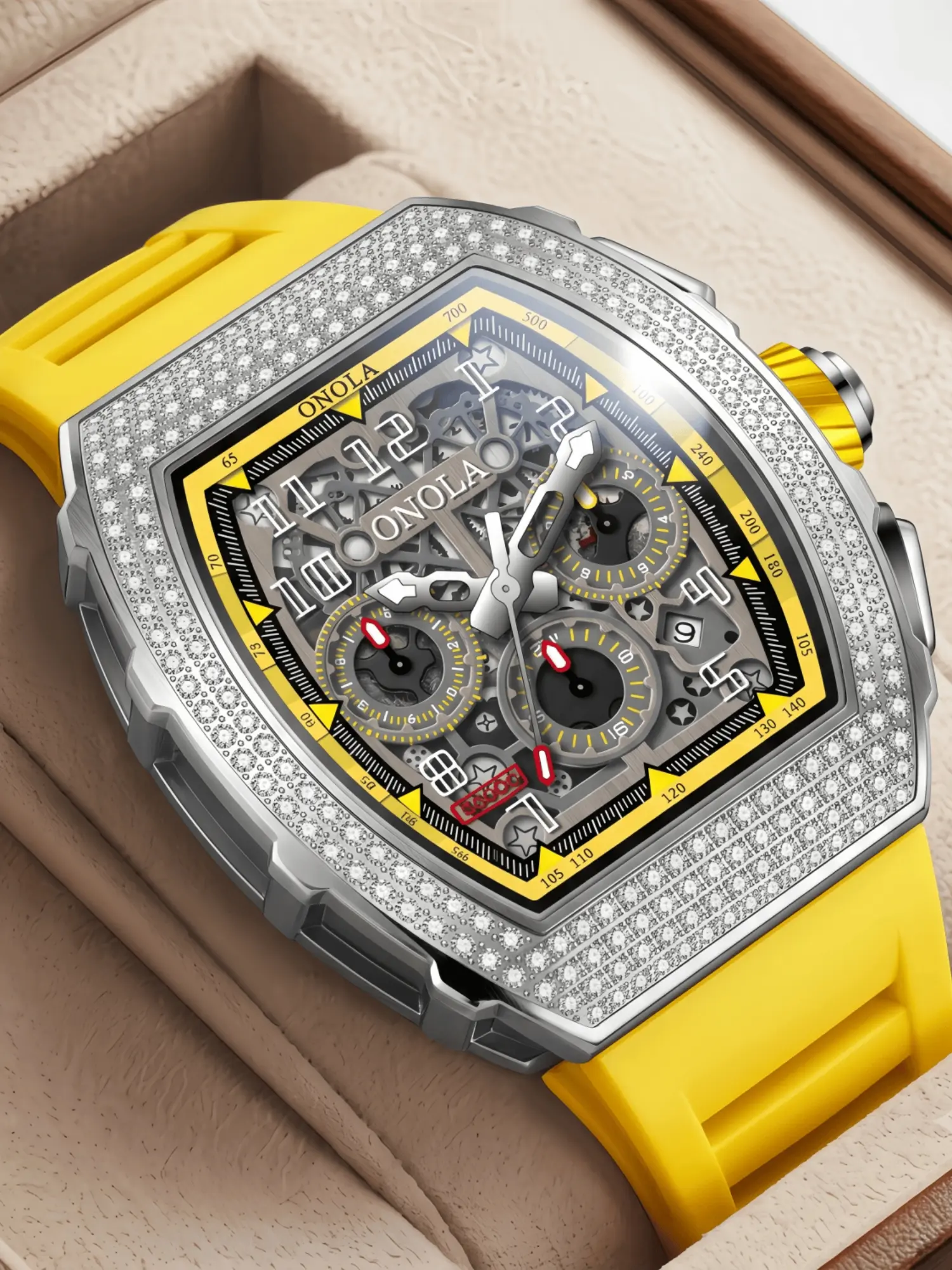 ONOLA Men's Mechanical Watch Automatic Wristwatch Men Tonneau Hollow Hand Watch Diamond Bezel Chronograph Mechanical Watch Luxury Business Fashion Sports Mens Watch Perfect for Holiday Gifts
