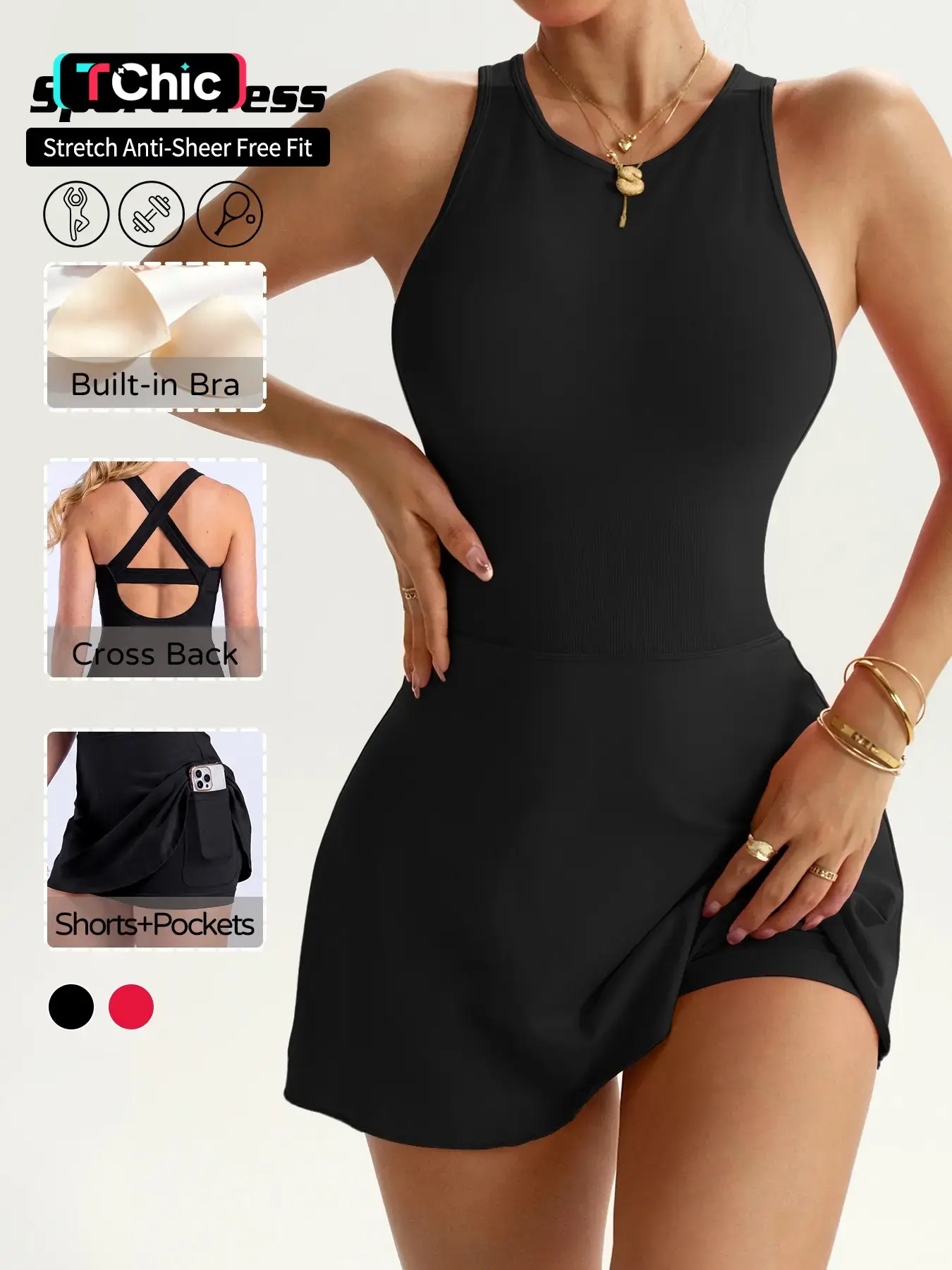 Women's Stylish Crisscross Back Tennis Skirt. Integrated bra pads & anti-exposure safety shorts, high-stretch breathable opaque fabric. Suitable for tennis, yoga, gym workouts & daily outings.