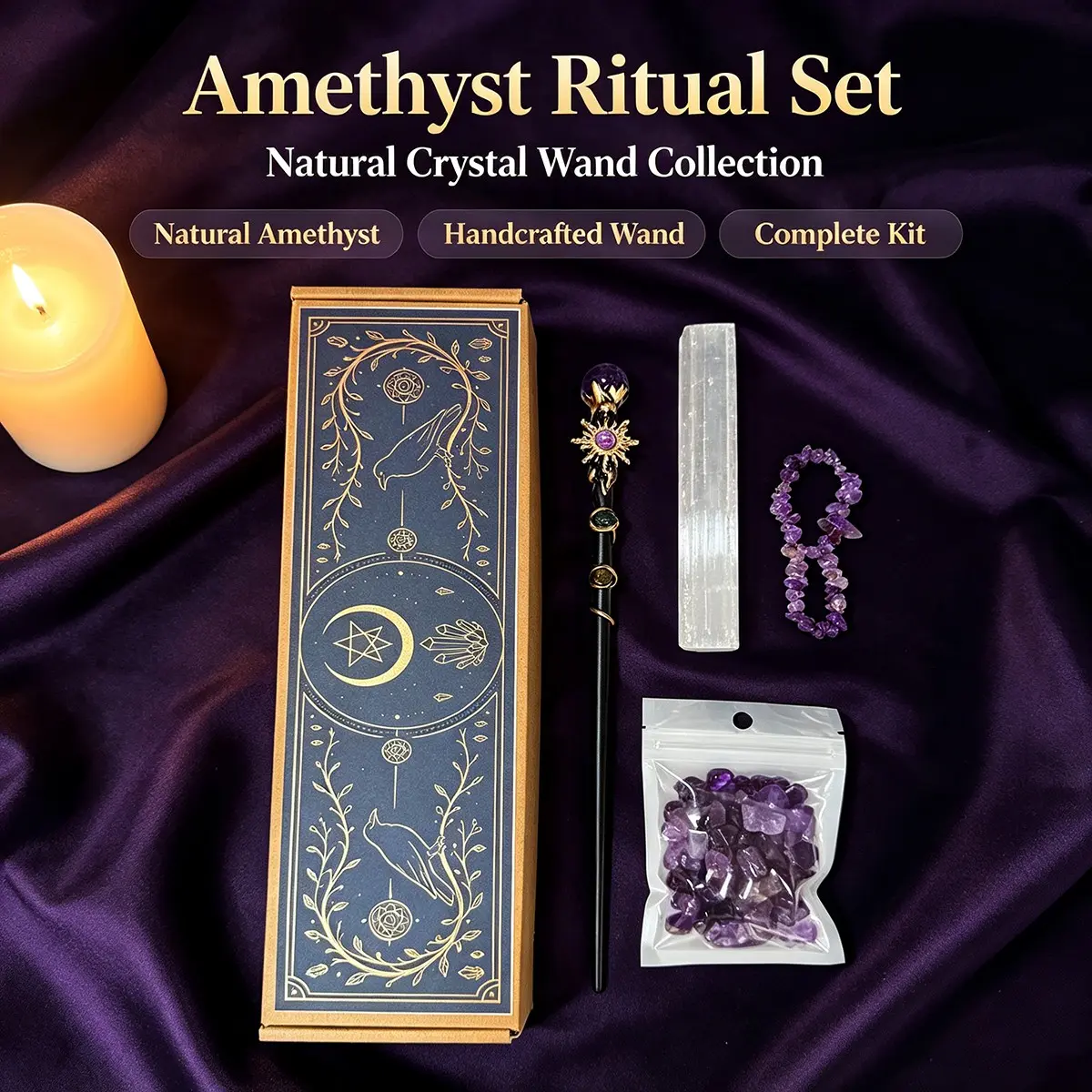 Amethyst Witch Crystal Wand Altar Kit, Natural Crystal Stones, Selenite Wand Bracelet, Wicca Ritual Supplies, Spiritual Decor, Halloween Witchcraft Gift Box Set