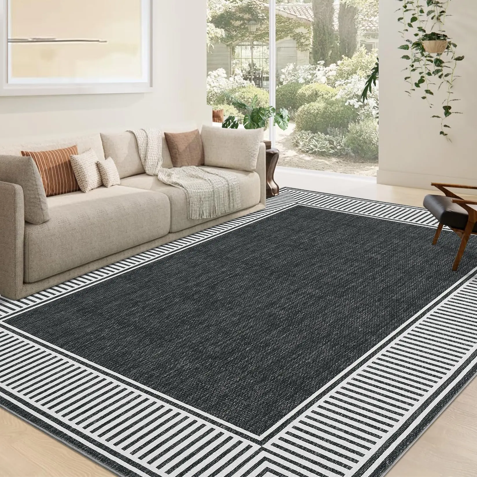 GARVEEBordered Black 8x10 Living Room Area Rug Modern Striped Border Throw Carpet with Rubber Backing Low Pile Stain Resistant Dining Room Rug Contemporary Bordered Carpet for Home Office, Black