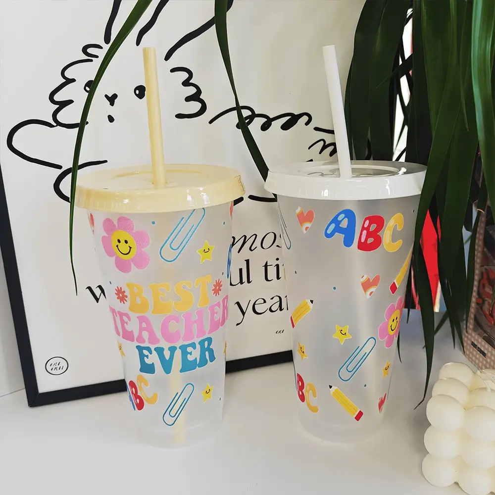 10pcs/24oz/710ml/Transparent Plastic Tumblers With Lid And Straw,Iced Coffee Cup,Festival Party Supplies,Colorful Best Teacher Ever Appreciation Gift Featuring Playful Academic & Floral Design.