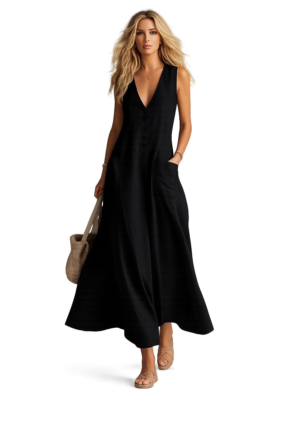 2026 Spring and Summer New Arrivals Embroidery Pocket Deep V-Neck Solid Color Casual Dress