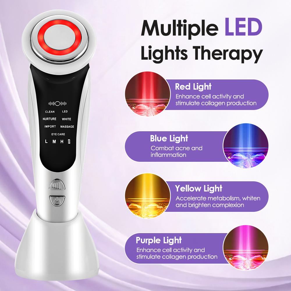 7-in-1 Facial Beauty Device Multi-Color LED Lights Vibration Heating EMS 3 Intensity Levels Portable Facial Beauty Instrument Facial Beauty Machine