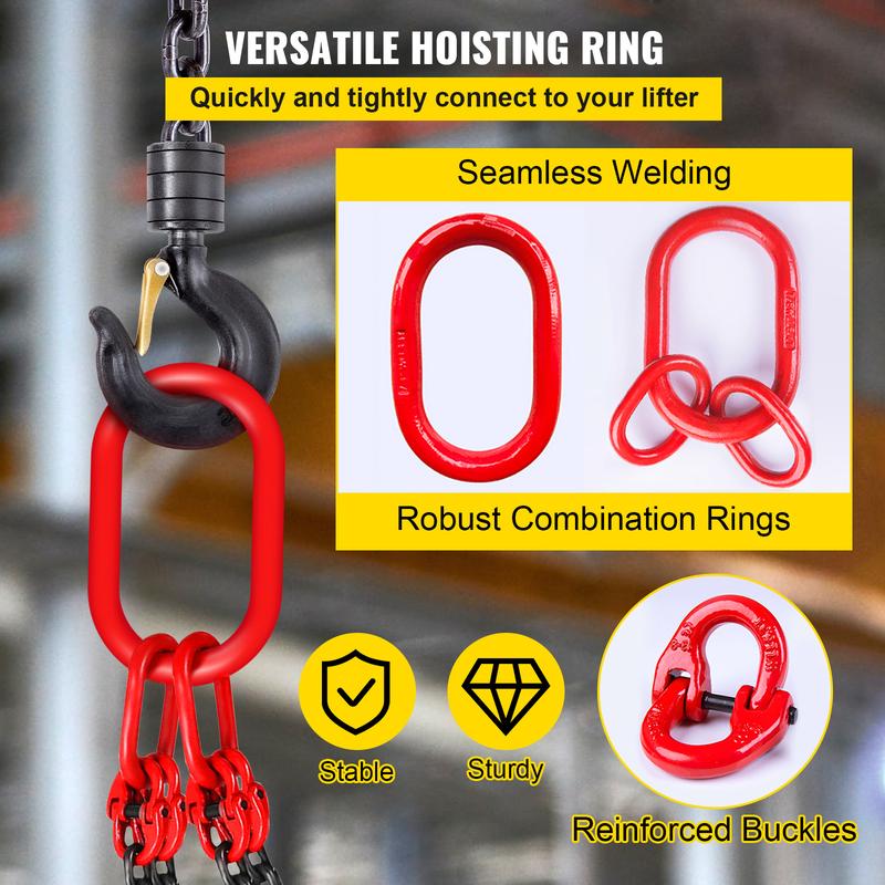 10 Feet Chain Hoist 5/ 16inch x 10 Feet Engine Lifting Chain G80 Alloy Steel Engine Chain Hoist 3 Tons, with 4-Legged Hook and Adjuster, for Mining, Machinery, Ports, Construction