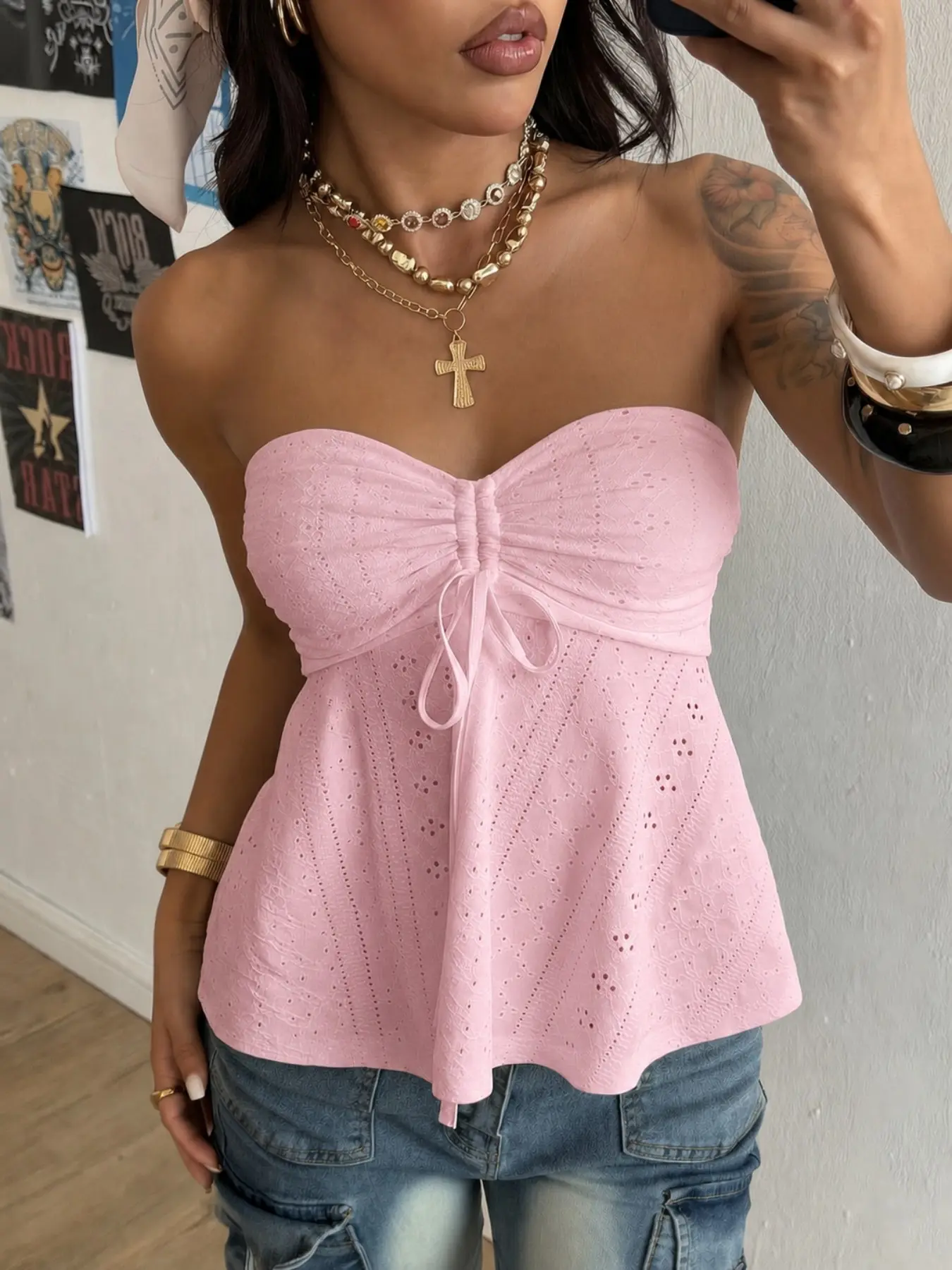 Women's White Eyelet Embroidery Strapless Tube Top, Front Ruched Drawstring Tie Detail, Flared Peplum Hem Slim Fit, Soft Breathable Hollow Fabric, Cute Y2K Summer Basic Top, Suitable For Matching Cargo Denim Jeans