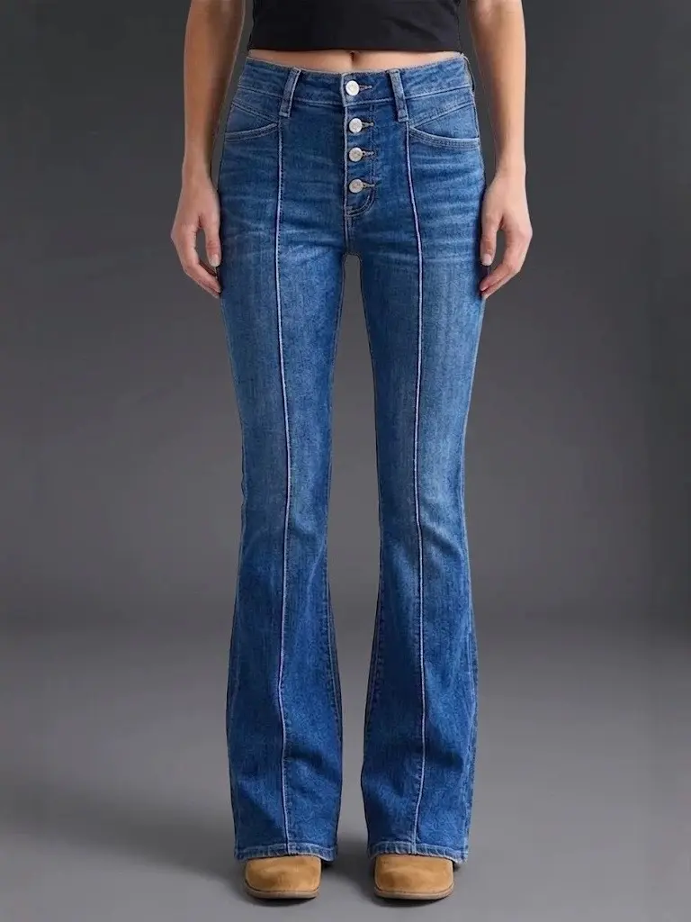 Women’s high-rise flared jeans with button fly, dark wash stretch denim pants with front seams, vintage casual style,daily,kibbe,blue,black,sweats,straight,leg,High-Waisted,Ripped,raw,hem,tik,took,forum,short,torso,new,year,Low,Wide Leg Jeans,starched,,